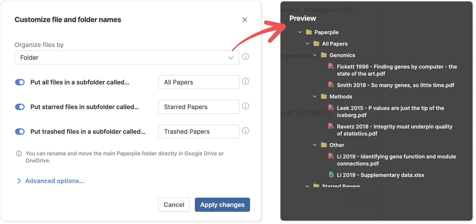 The “Customize file and folder names” dialog with “Organize files by” set to Folder, and a red arrow pointing to the Preview panel showing a Paperpile › All Papers tree with Genomics, Methods and Other subfolders.